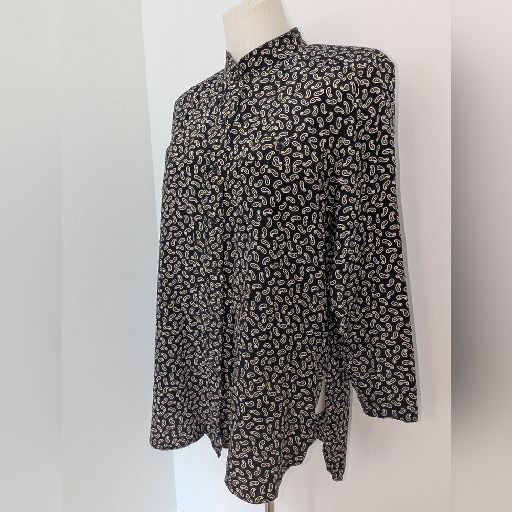 Vintage Paisley Printed 100% Silk Collarless Button Down